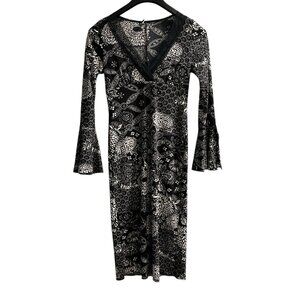 Vintage Y2K Wet Seal Dress Womens S Black Floral Babydoll Midi‎ Flare Split Slv